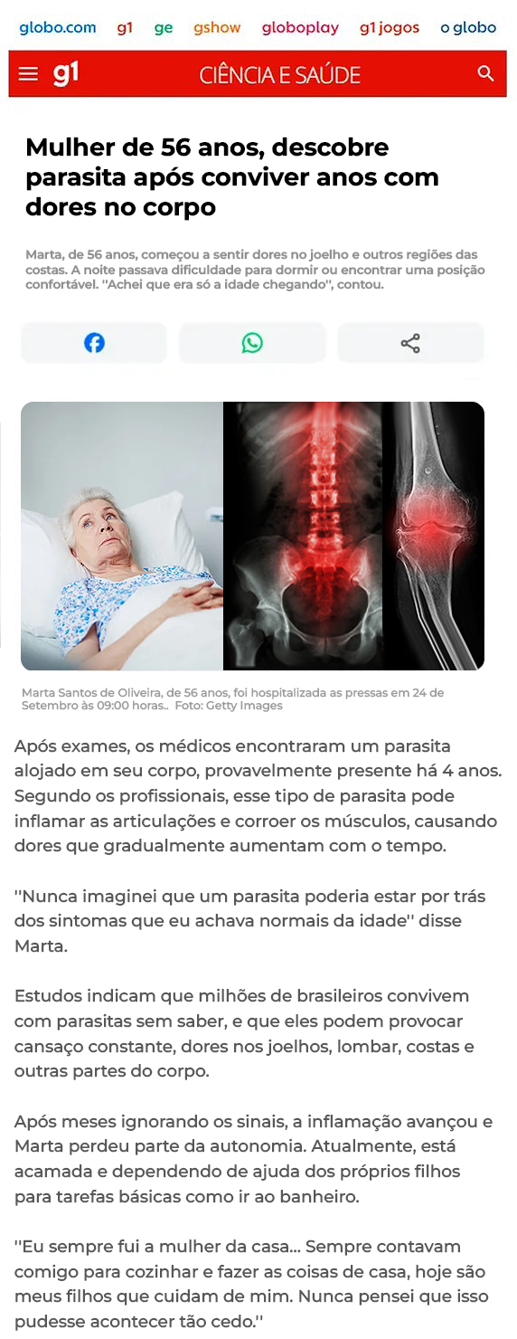 Notícia G1 sobre parasita e dores no corpo